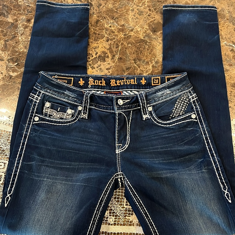 Rock Revival Sherry Rhinestone Embellished Dark Wash Stretch Skinny Jean size 28